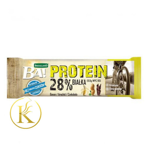 پروتئین بار 28% باکالند با طعم موز، بادام زمینی و شکلات  BAKALLAND